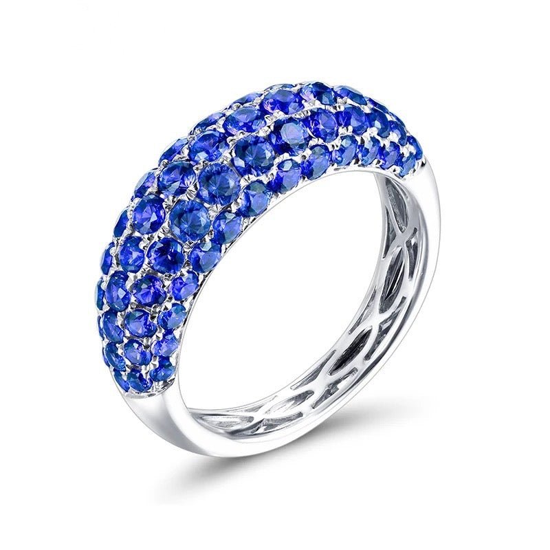 14K white gold blue sapphire ring with 3.55 carat natural oval cut sapphires, pavé style luxury unisex gemstone jewelry