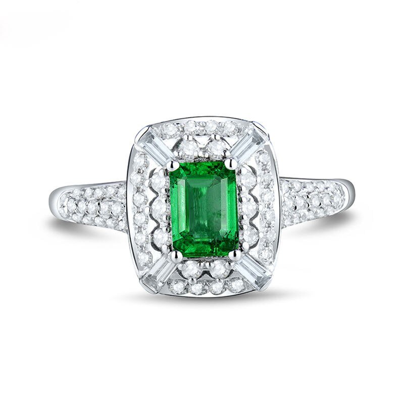 Natural emerald-cut emerald and diamond halo ring in 18K white gold front view