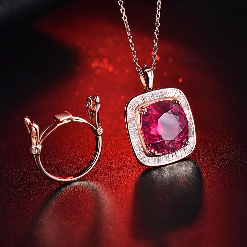 18K rose gold tourmaline diamond ring pendant with 6 carat emerald cut pink tourmaline and diamond halo