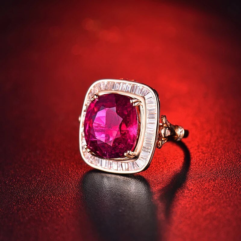 18K rose gold tourmaline diamond ring pendant with 6 carat emerald cut pink tourmaline and diamond halo