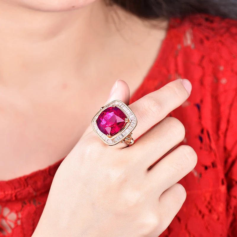 18K rose gold tourmaline diamond ring pendant with 6 carat emerald cut pink tourmaline and diamond halo