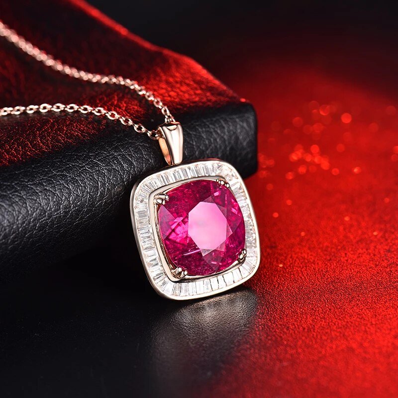 18K rose gold tourmaline diamond ring pendant with 6 carat emerald cut pink tourmaline and diamond halo