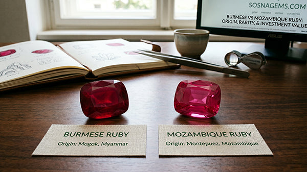 Burmese and Mozambique ruby on table
