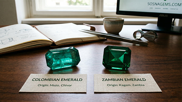 Colombian and Zambian Emerald on table