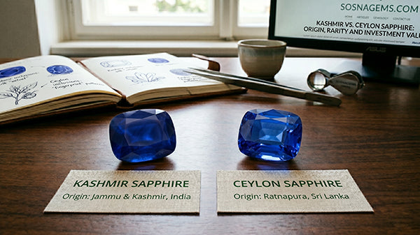 Kashmir and Ceylon sapphire on table