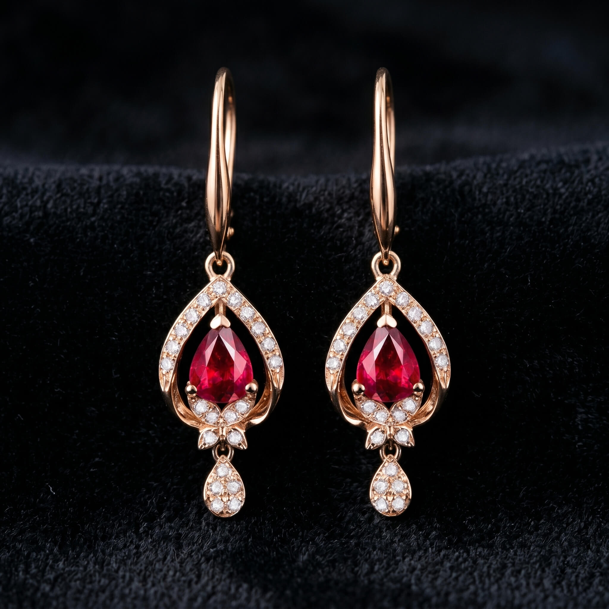 Natural red ruby earrings in rose gold on dark background