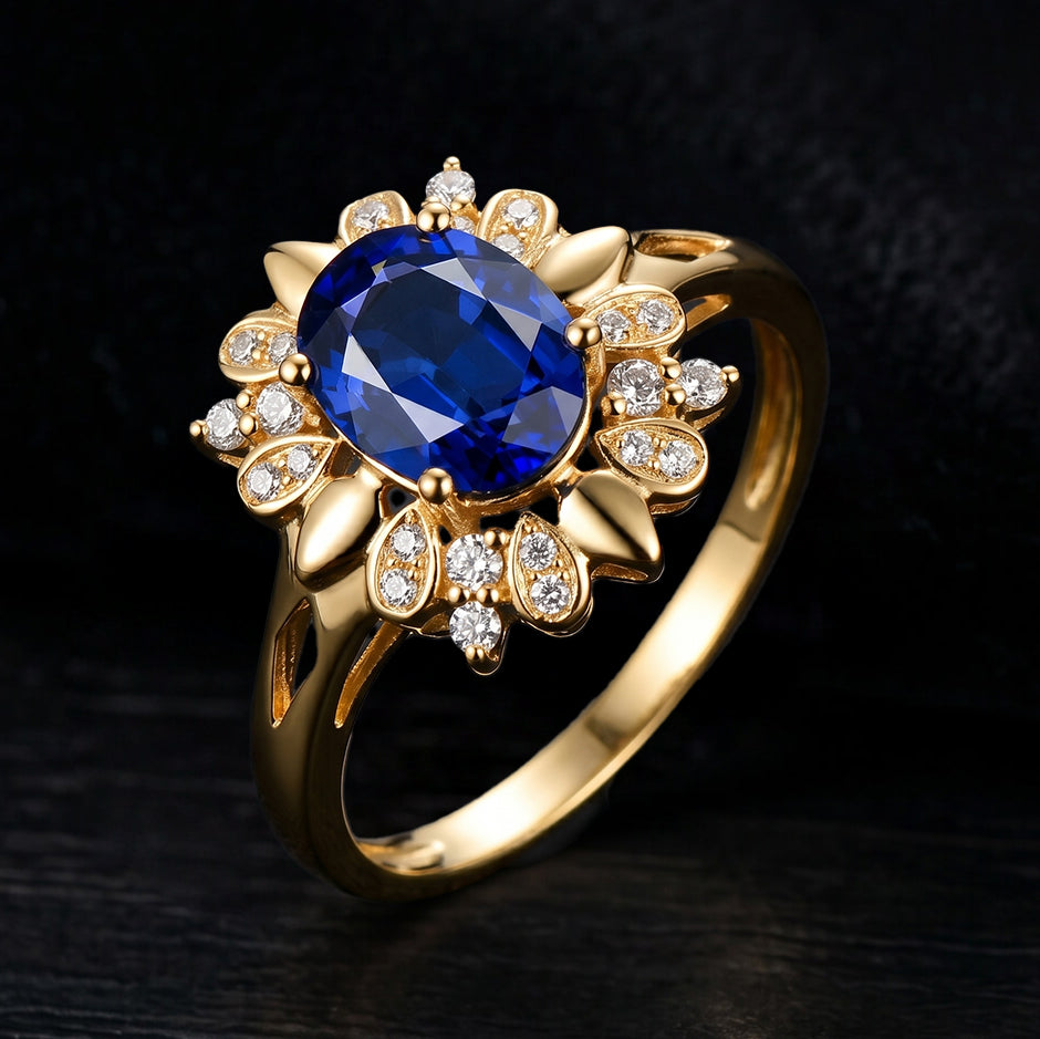 Natural Blue sapphire ring ing yellow gold on dark background