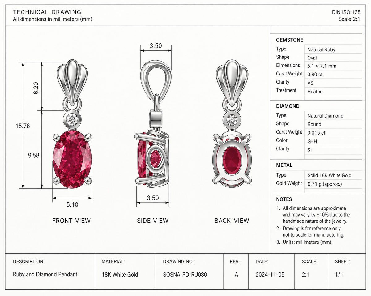 Technical drawing of a 0.80 ct natural ruby and diamond pendant in 18K white gold with dimensions and front, side and back views