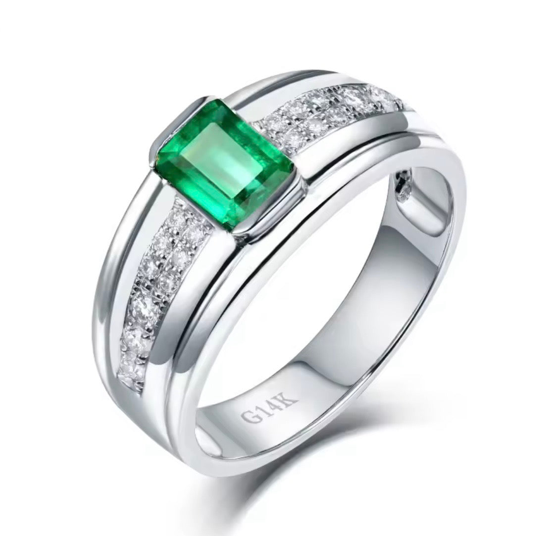 0.70 ct natural emerald and 0.18 ct diamond unisex ring in 14K white gold