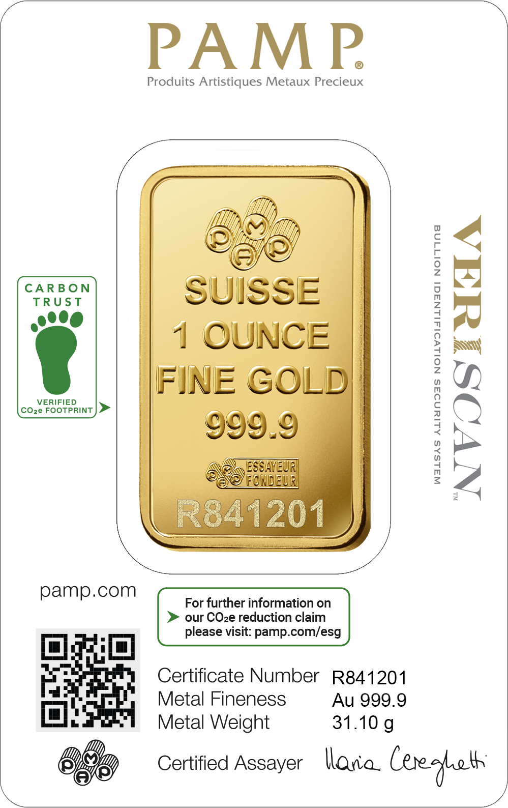 1 oz Gold Minted Bar – PAMP Suisse (Lady Fortuna, Carbon Reduced)