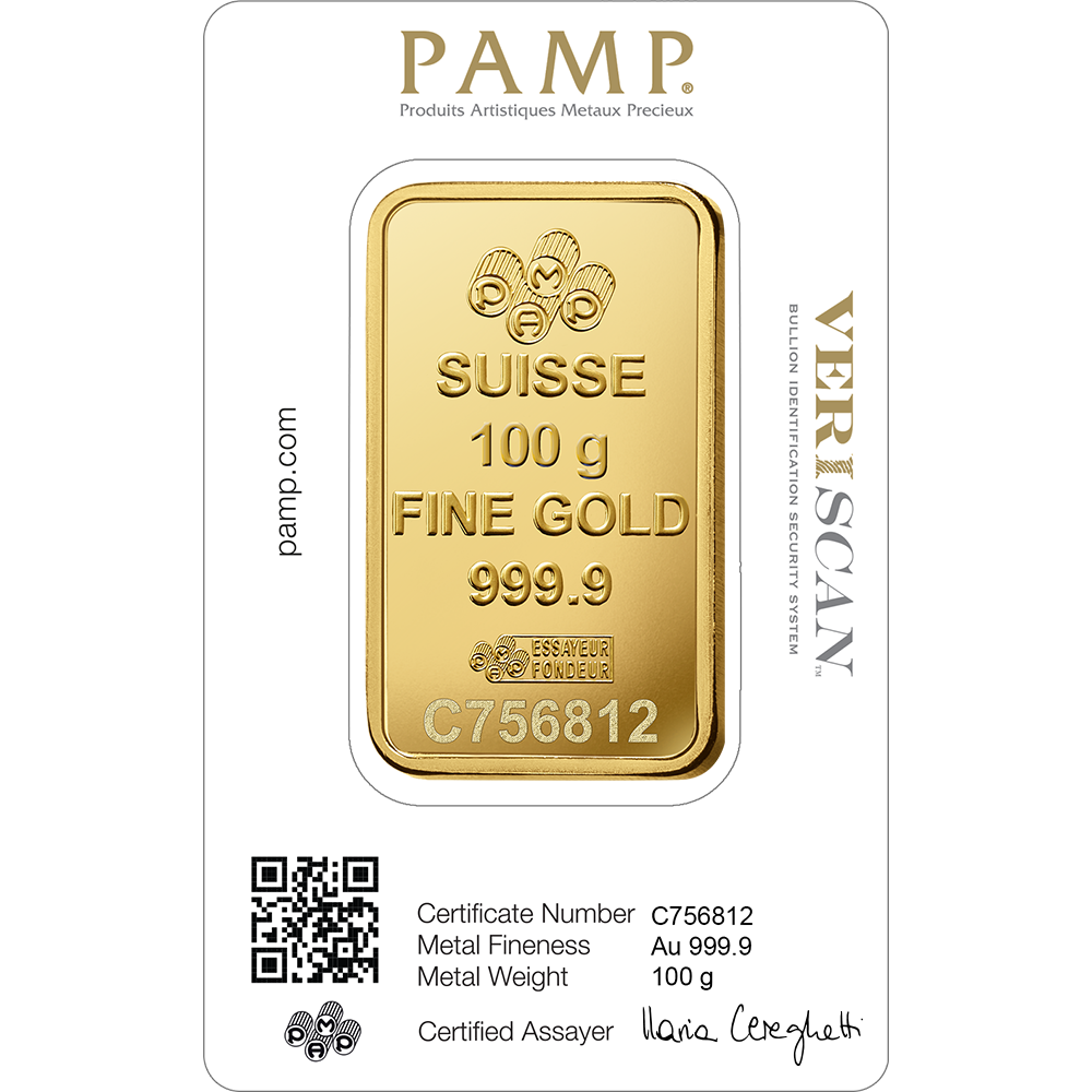 100 g Gold Minted Bar – PAMP Suisse (Lady Fortuna)