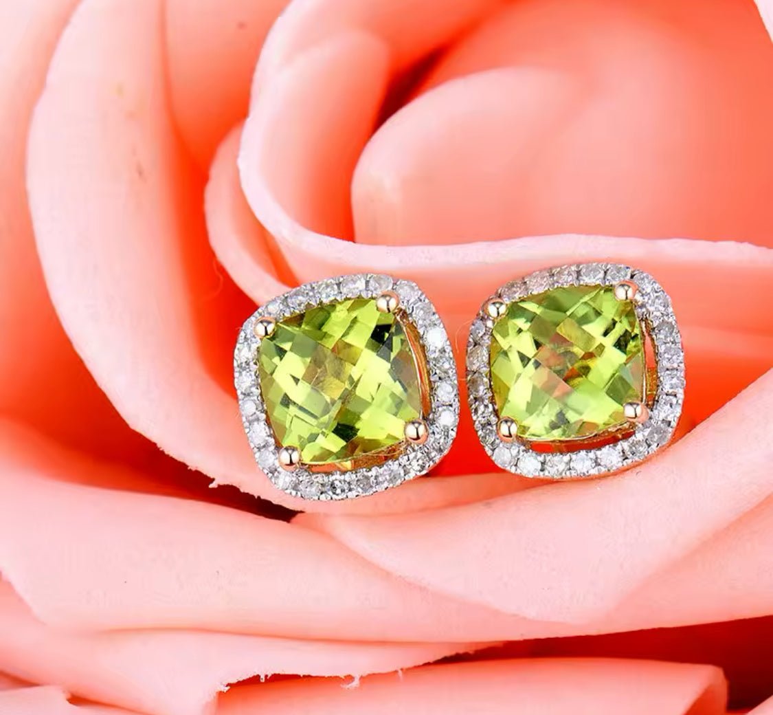 14K Yellow Gold 2.36 ct Peridot Earrings with Diamonds