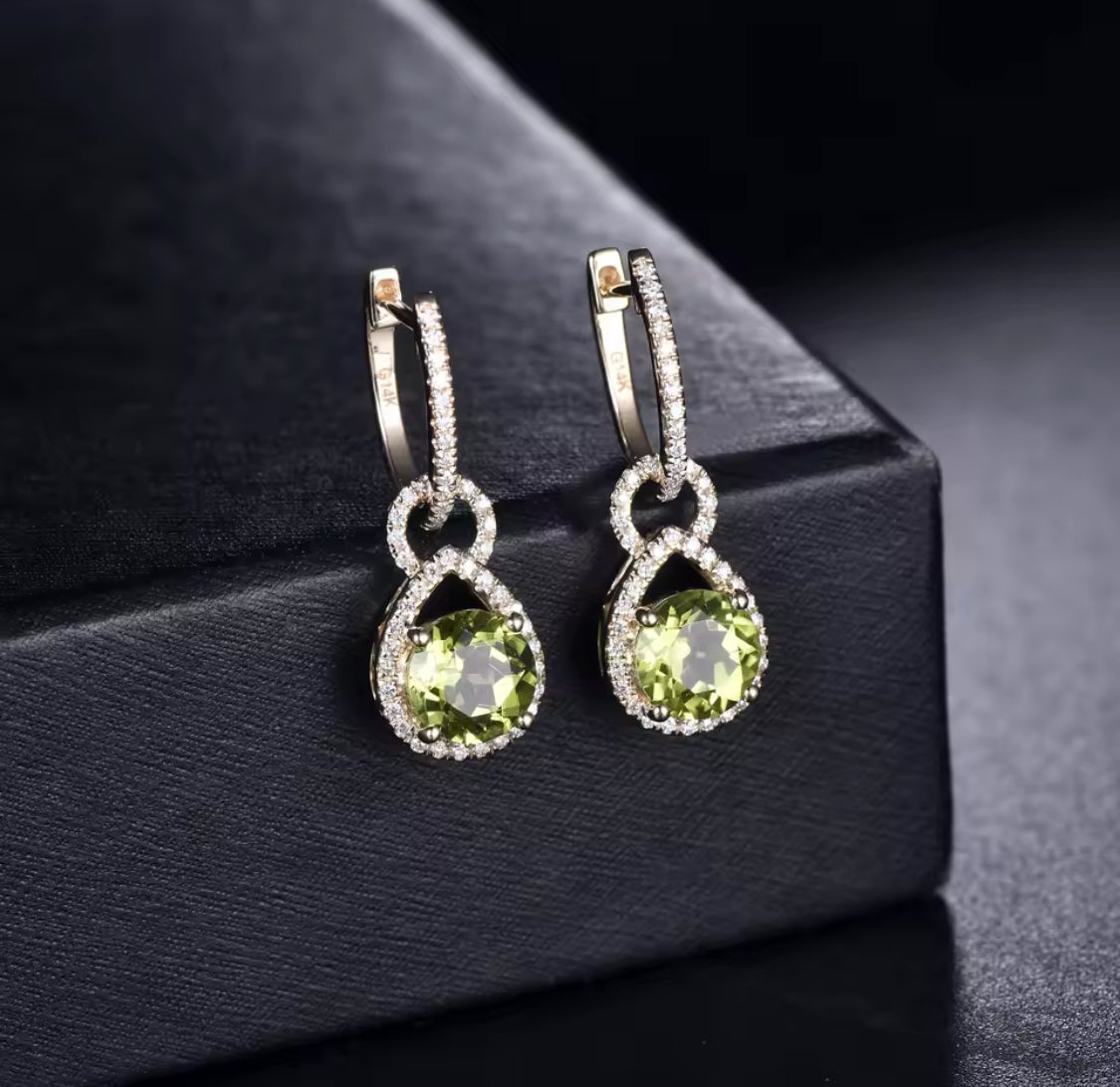14K Yellow Gold 3.10 ct Peridot Earrings with Diamonds