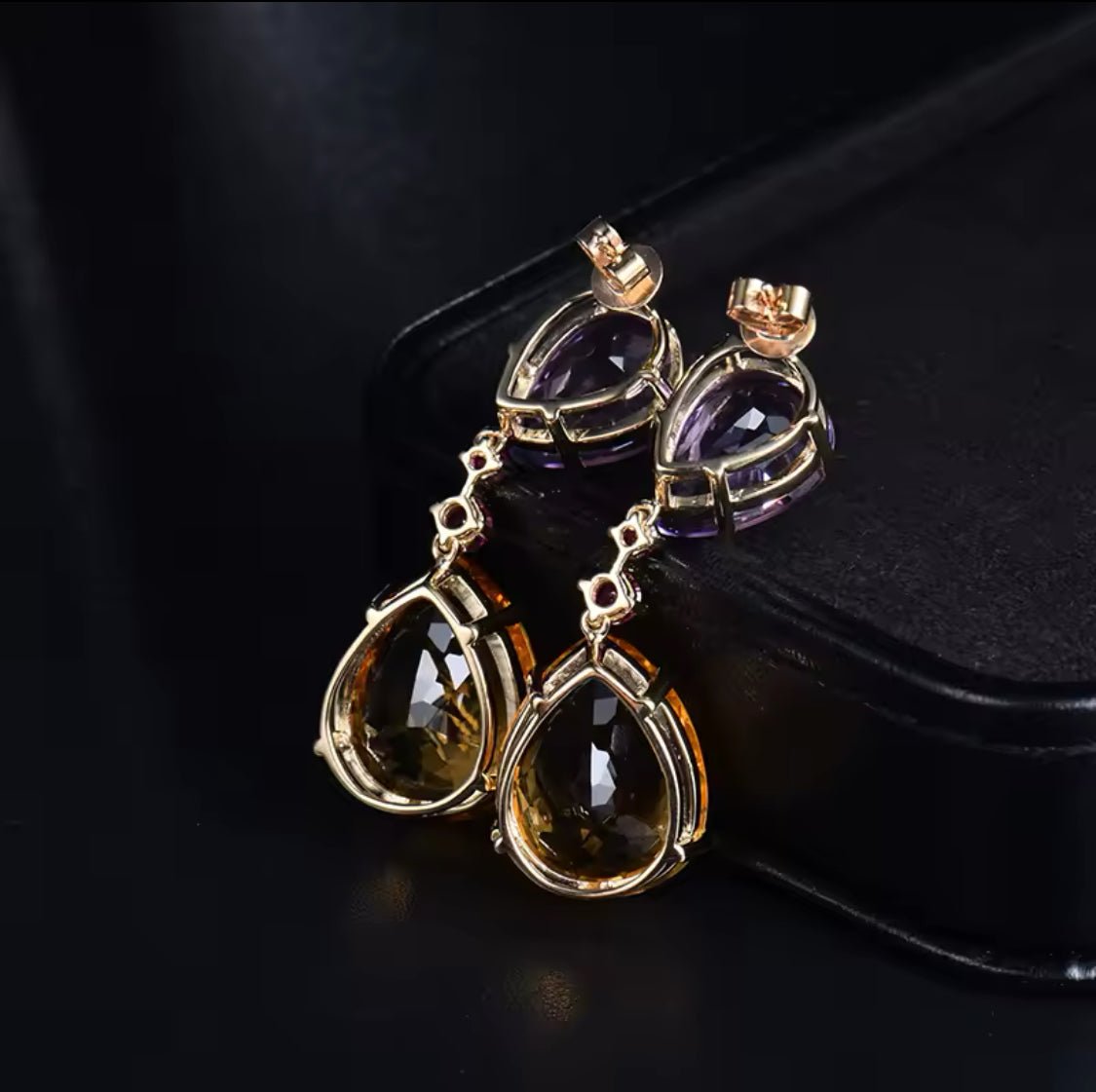 14Kt Gold 28.78 ct Citrine & Amethyst Earrings