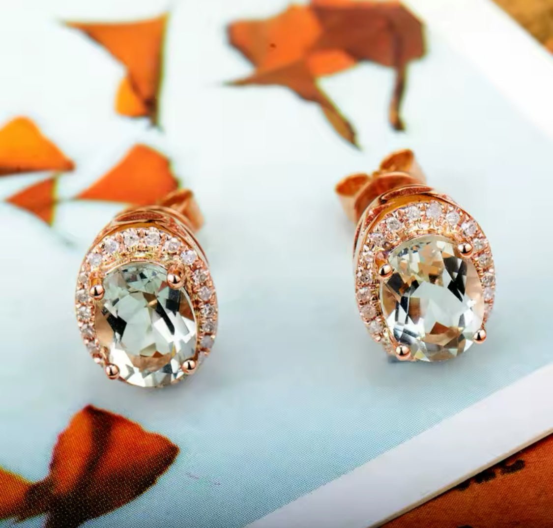 14Kt Rose - Gold Diamond 2.40 ct Green Amethyst Earrings