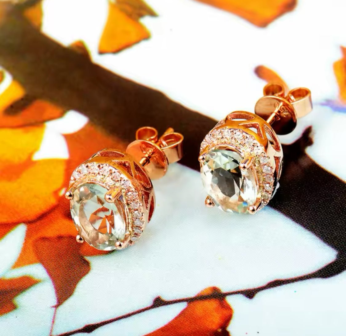 14Kt Rose - Gold Diamond 2.40 ct Green Amethyst Earrings