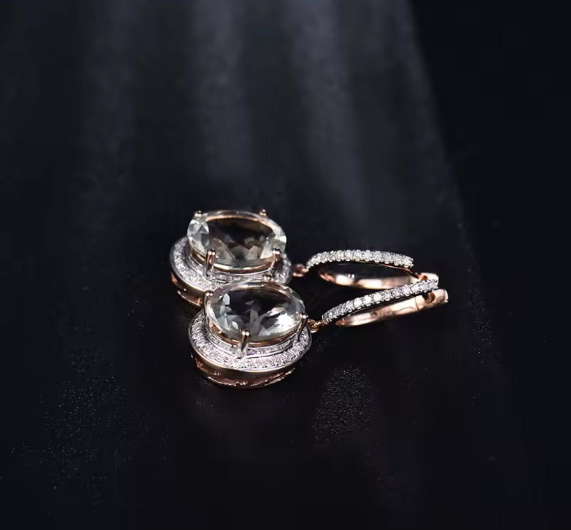 14Kt Rose - Gold Diamond 6.80 ct Green Amethyst Earrings