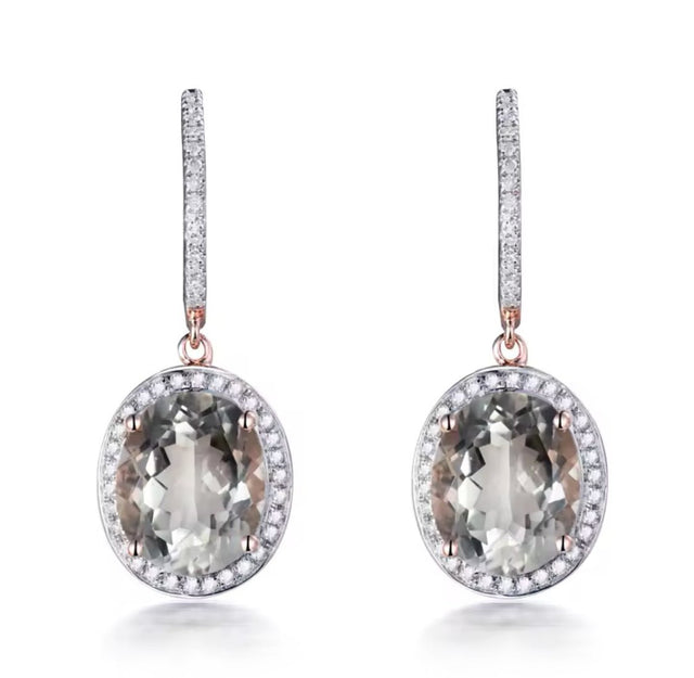 14Kt Rose - Gold Diamond 6.80 ct Green Amethyst Earrings