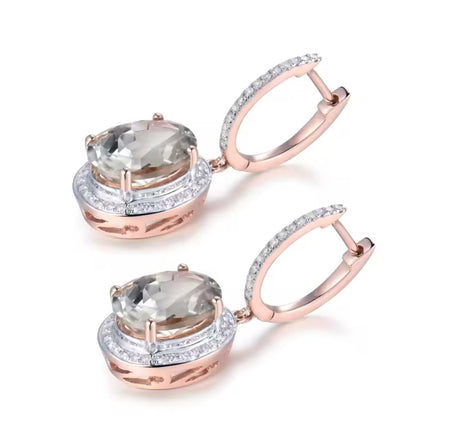 14Kt Rose - Gold Diamond 6.80 ct Green Amethyst Earrings