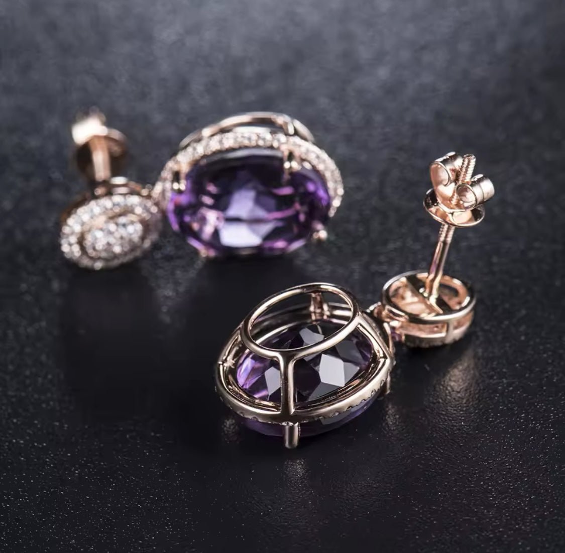 14Kt Rose - Gold Diamond 9.06 ct Amethyst Earrings