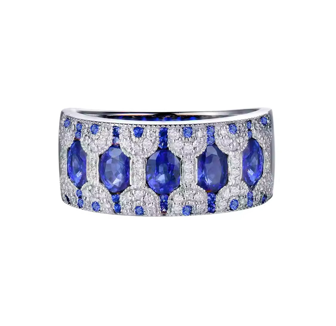 14Kt White Gold 2.08 ct Sapphire Ring with Natural Diamonds (Unisex)