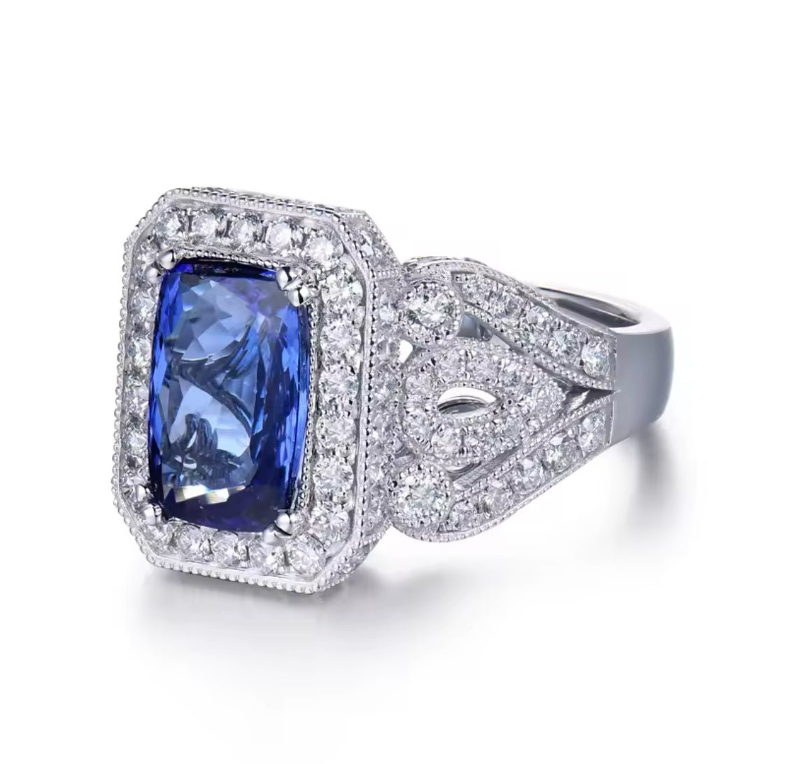 14Kt White Gold 3.55 Tanzanite Ring with Diamonds (Unisex)