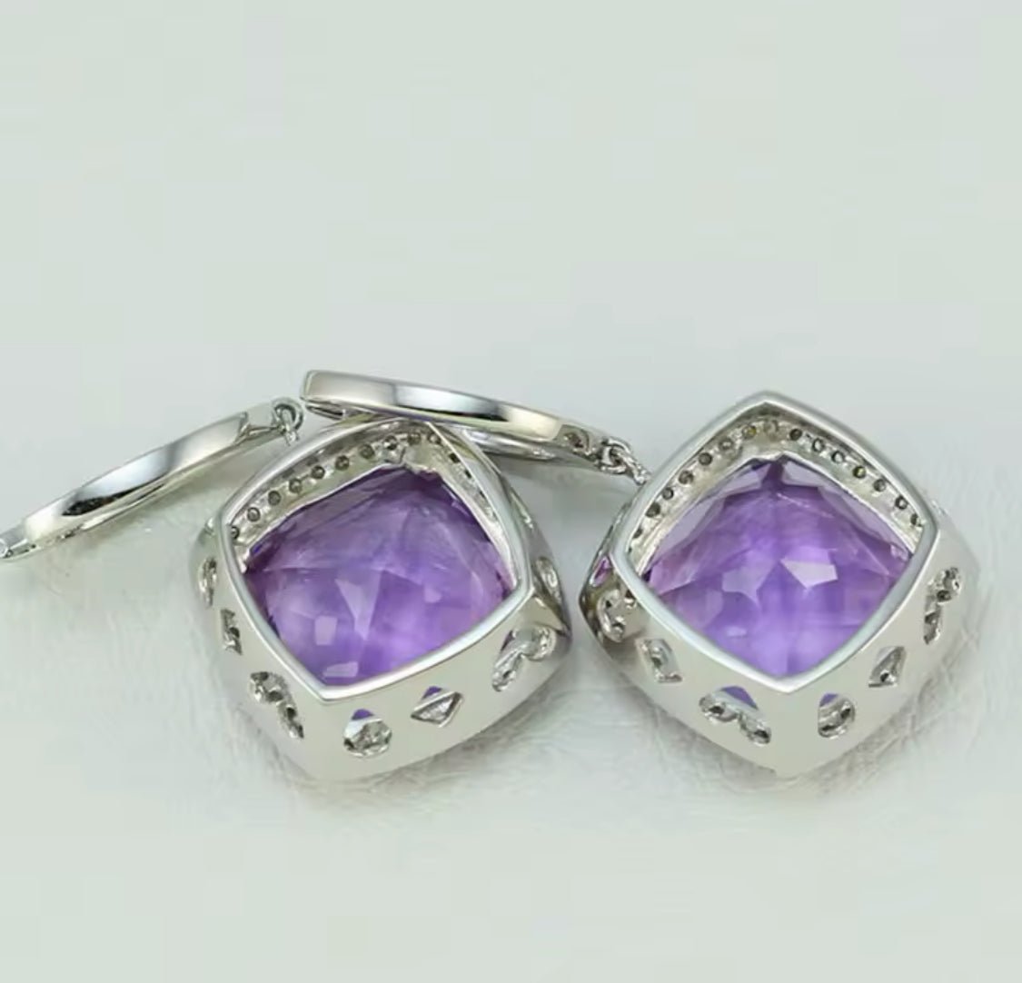 14Kt White - Gold Diamond 11.80 ct Amethyst Earrings
