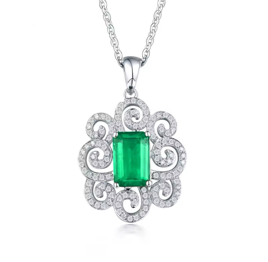 14Kt White Gold Diamonds 1.60 ct Emerald Pendant