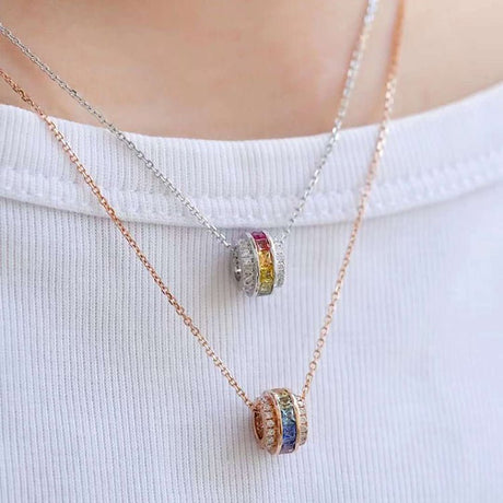 18K Gold Circular Pendant with Multi - Color Princess - Cut Sapphires & Diamond Accents (Yellow or White Gold)