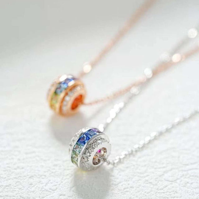 18K Gold Circular Pendant with Multi - Color Princess - Cut Sapphires & Diamond Accents (Yellow or White Gold)