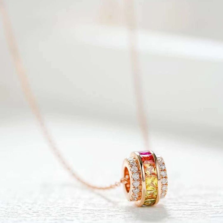 18K Gold Circular Pendant with Multi - Color Princess - Cut Sapphires & Diamond Accents (Yellow or White Gold)