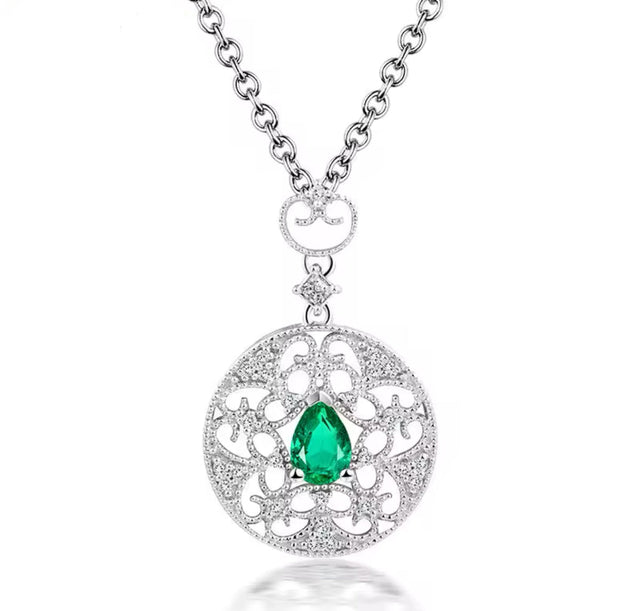 18K White Gold 0.39 ct Emerald Pendant with Natural Diamond