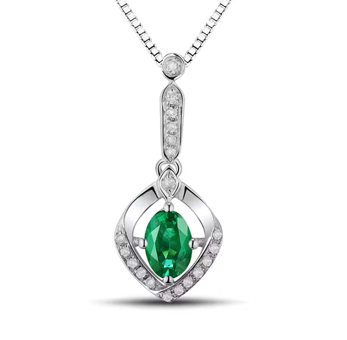 18K White Gold 0.45 ct Emerald Pendant with Natural Diamond