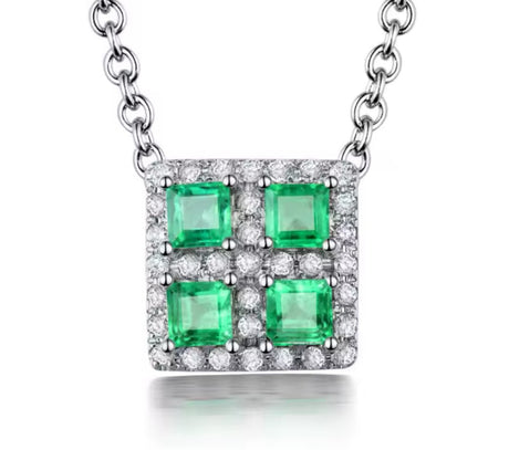 18K White Gold 0.65 ct Emerald Pendant with Natural Diamond
