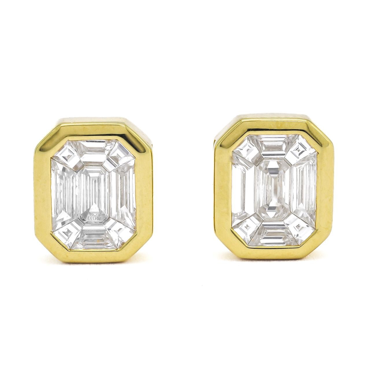18K Yellow Gold Diamond Stud Earrings – 1.10 ct, Emerald Illusion Cut