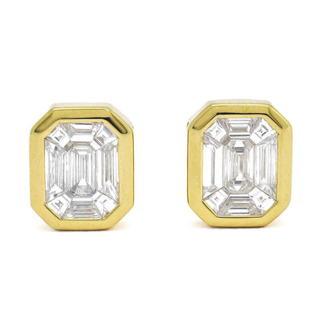 18K Yellow Gold Diamond Stud Earrings – 1.10 ct, Emerald Illusion Cut