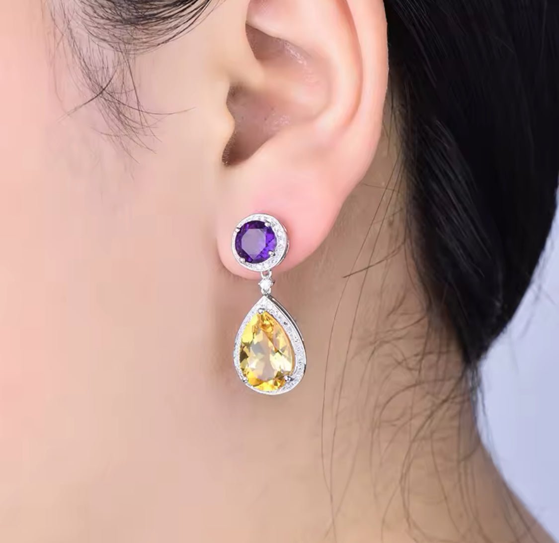 18Kt White - Gold 13.69 ct Citrine & Amethyst Earrings