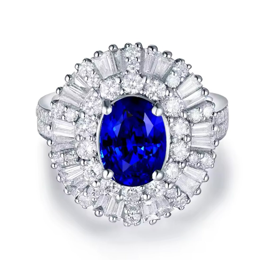 18Kt White Gold 2.50 ct Sapphire Ring with Natural Diamonds (Unisex)