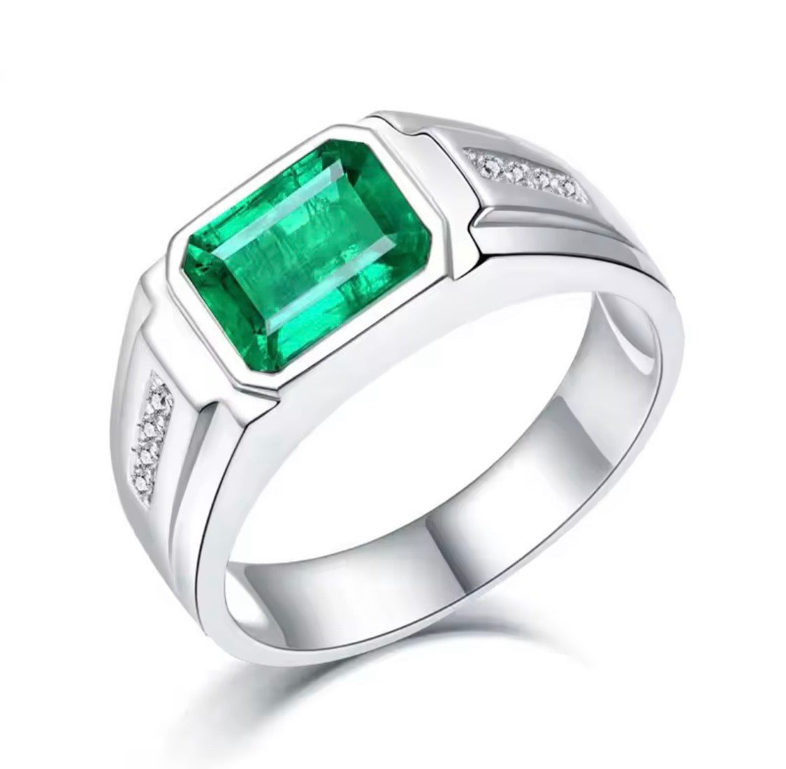 1.90 ct natural emerald and 0.20 ct diamond unisex ring in 18K white gold