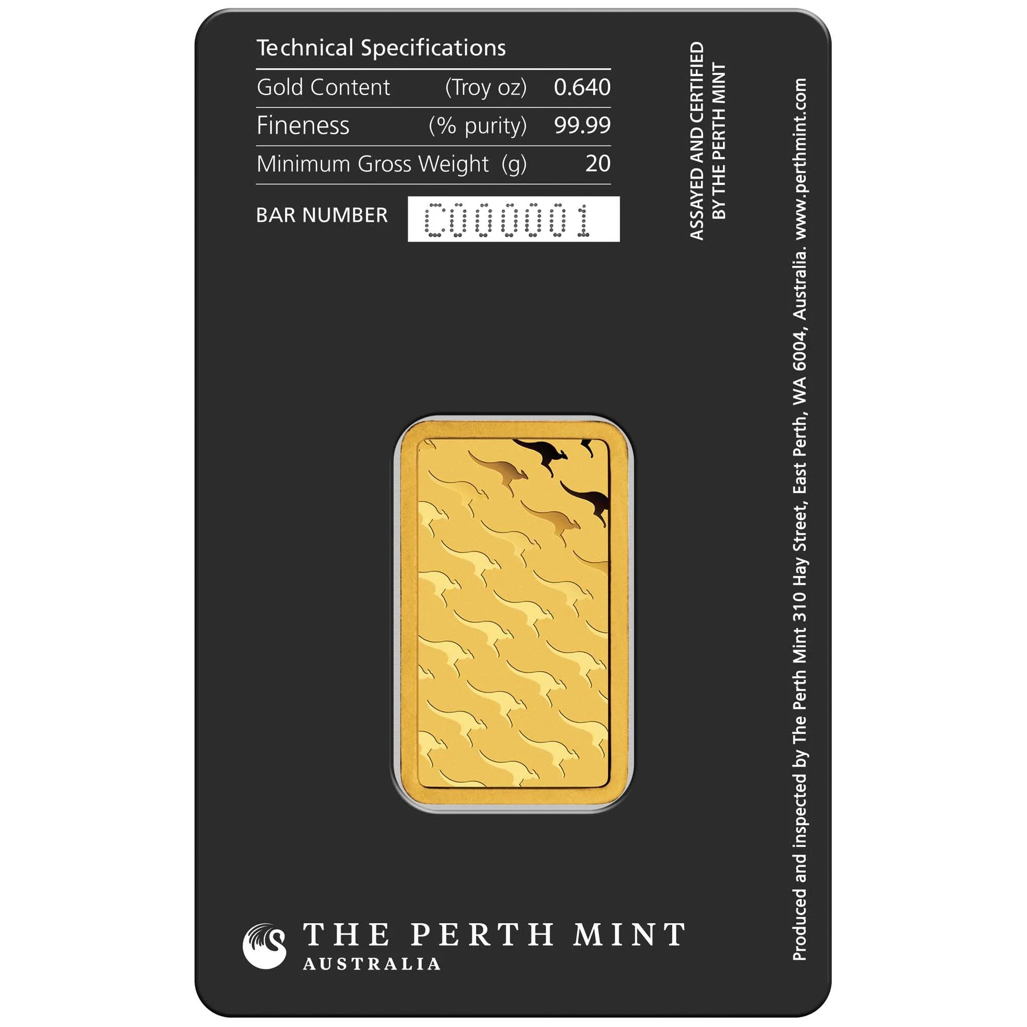 Investment gold bar 20g Perth Mint, back side