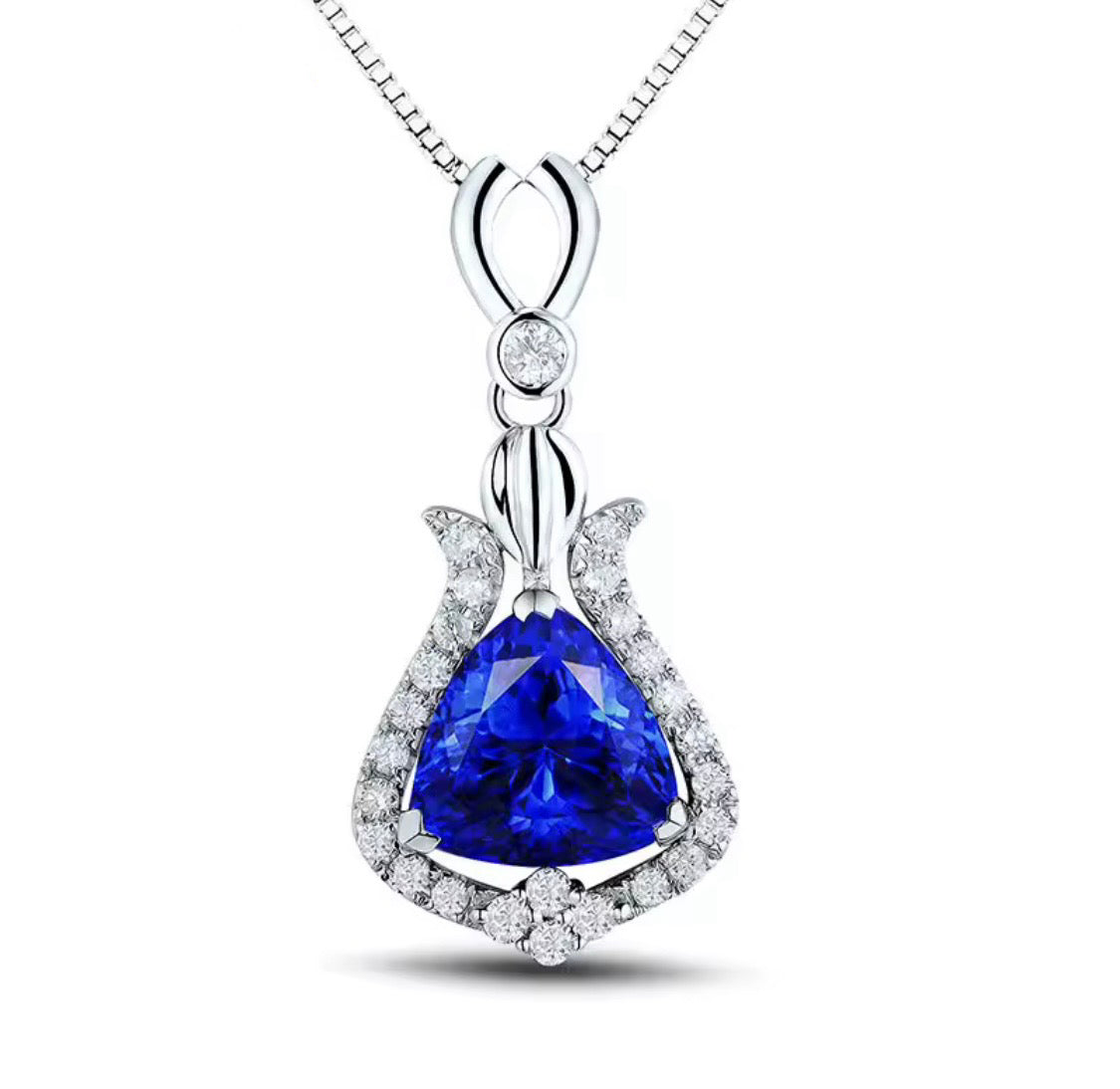 2.42 ct natural trillion tanzanite and 0.30 ct diamond pendant in 18K white gold