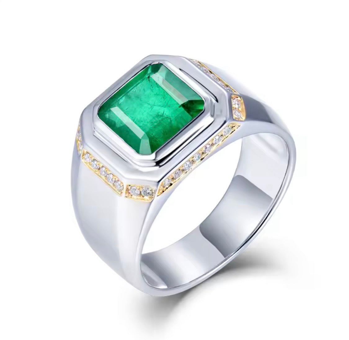 2.50 ct natural emerald and 0.20 ct diamond unisex ring in 18K white gold