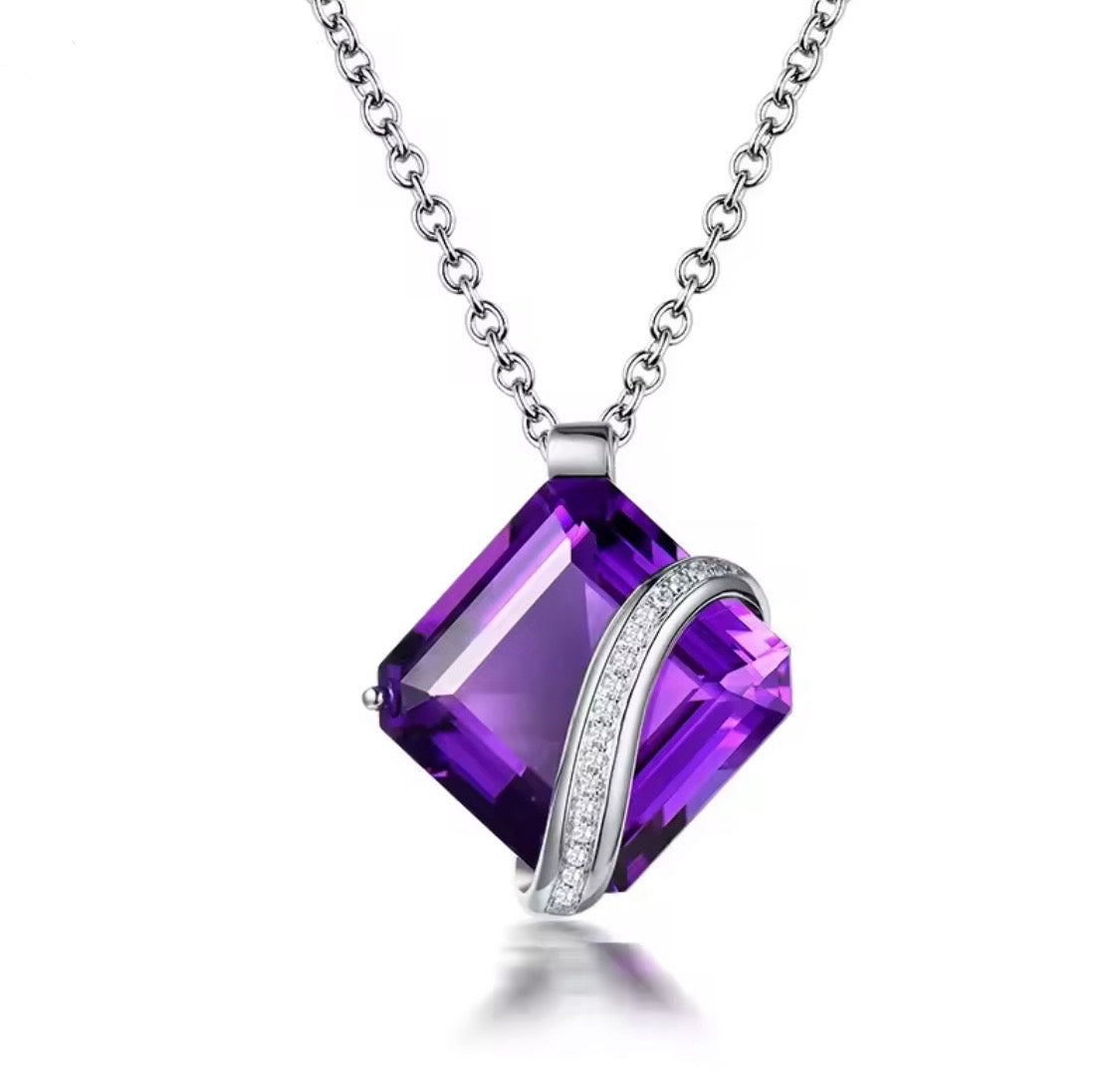 27.88 ct natural Asscher-style amethyst and diamond pendant in 18K white gold