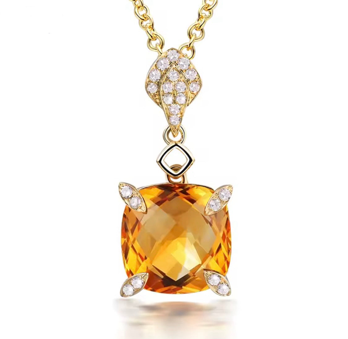 3.87 ct natural cushion citrine and 0.17 ct diamond pendant in 18K yellow gold