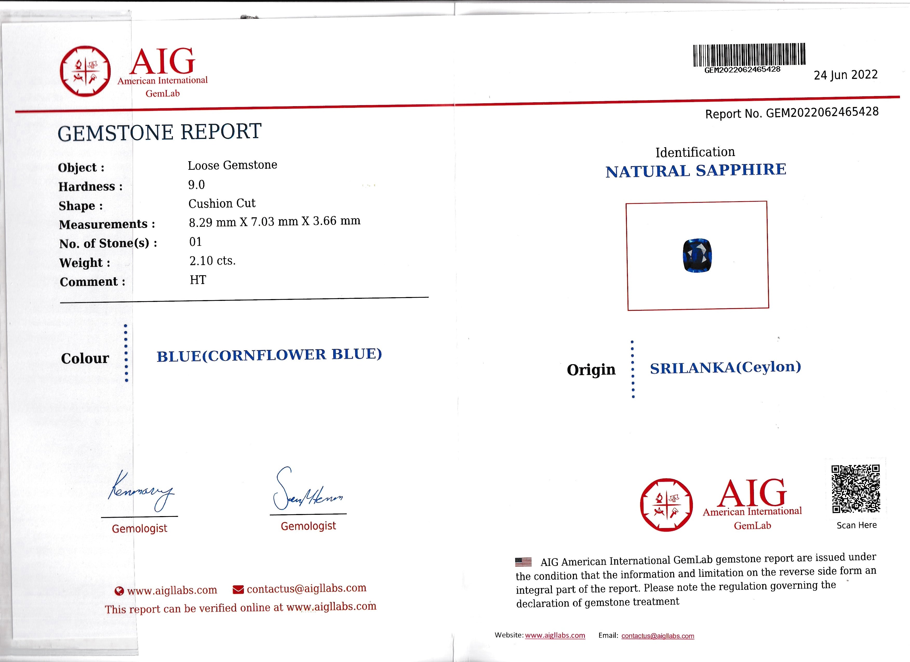 Natural cornflower blue sapphire, 2.10 carats, cushion cut, heat treated, Sri Lanka Ceylon origin, AIG certified gemstone