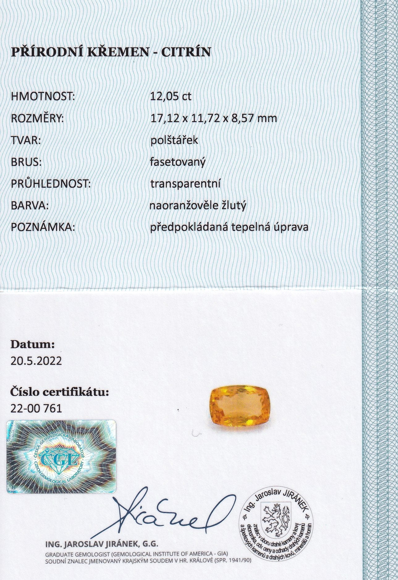 Natural Citrine 12.05 ct – Cushion Cut, Heated, ČGL Certified