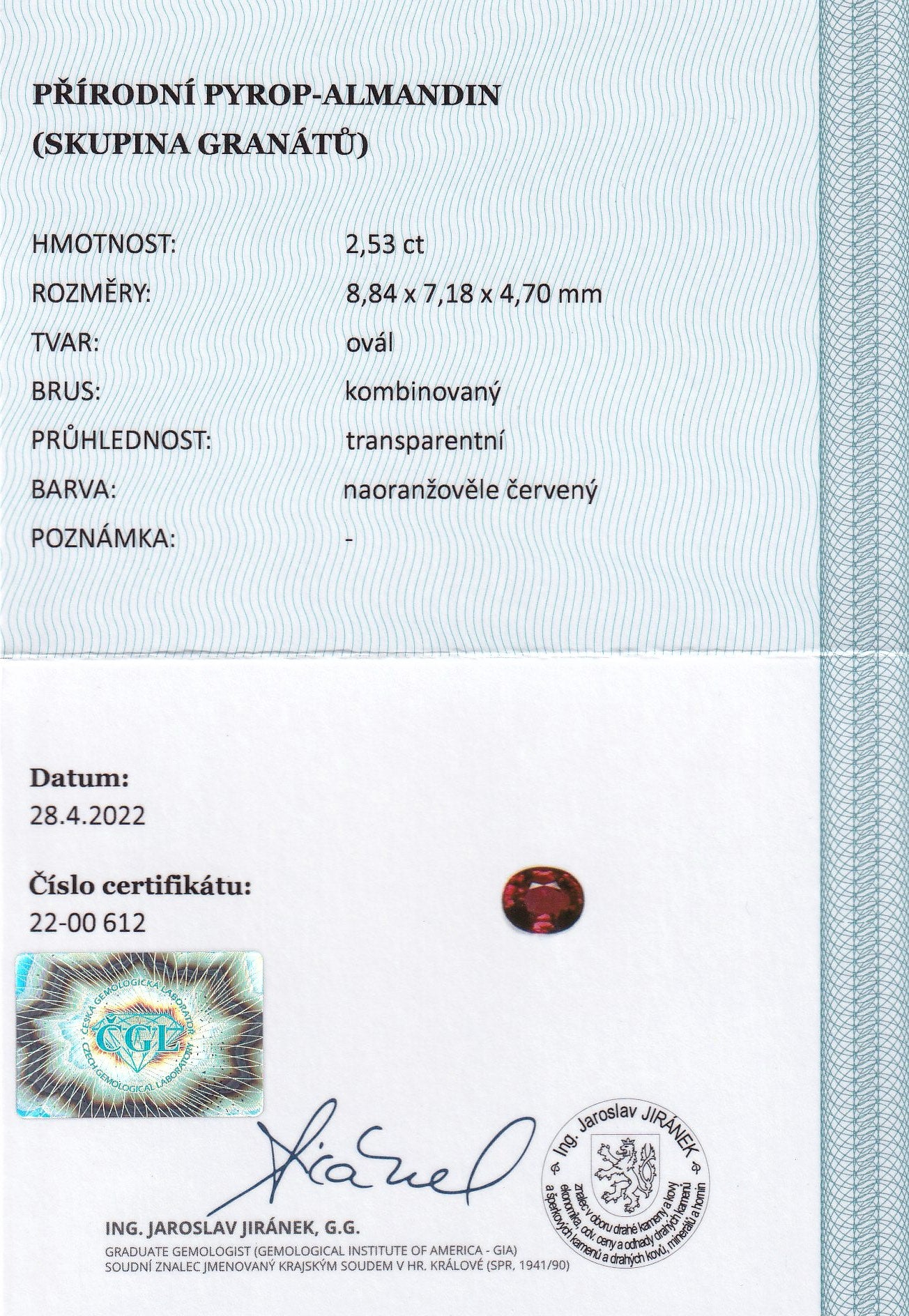 Natural almandine garnet, 2.53 carats, oval cut, IF clarity, untreated, orangy red, ČGL certified