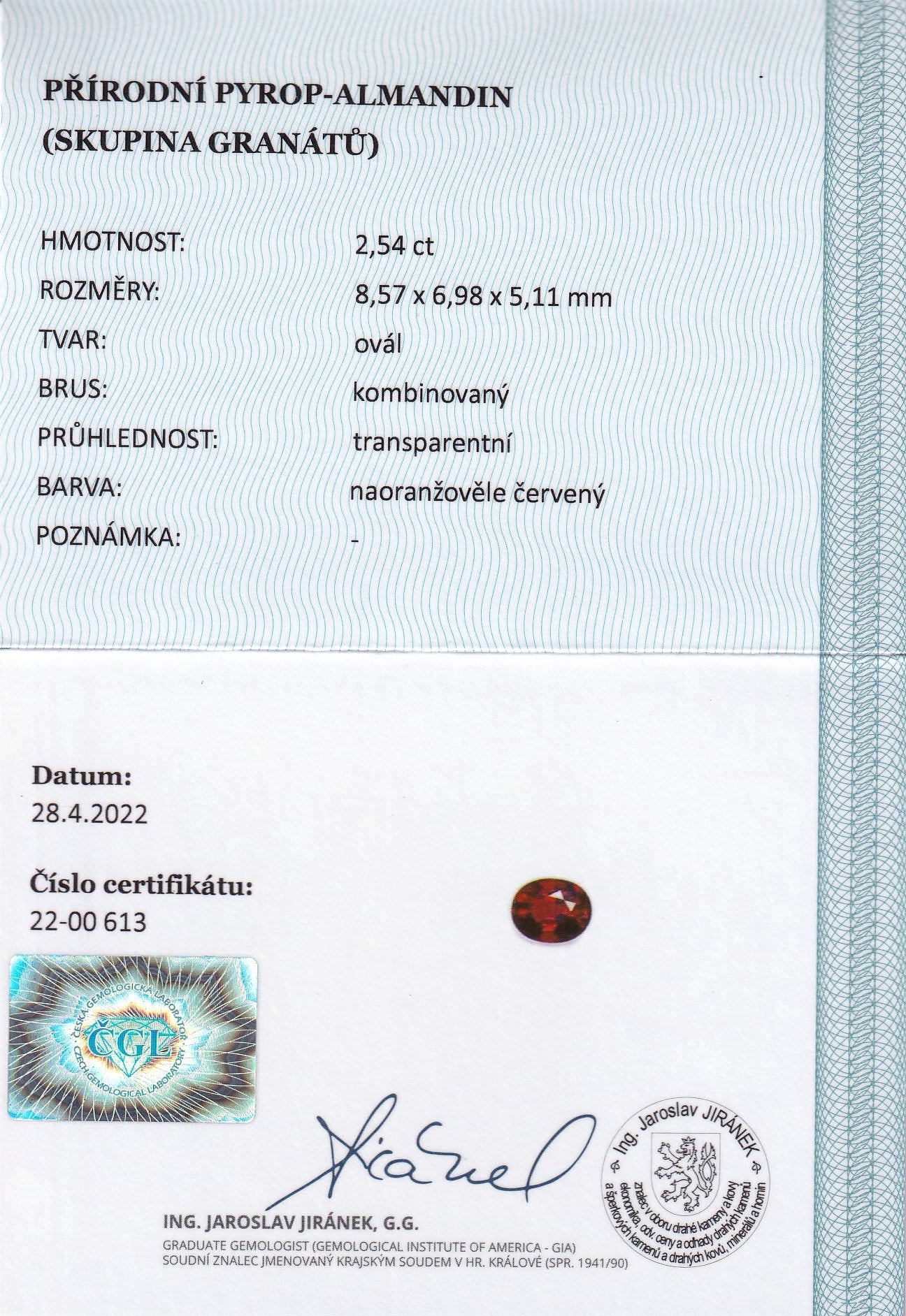Natural almandine garnet, 2.54 carats, oval cut, IF clarity, untreated, slightly orangy red, ČGL certified
