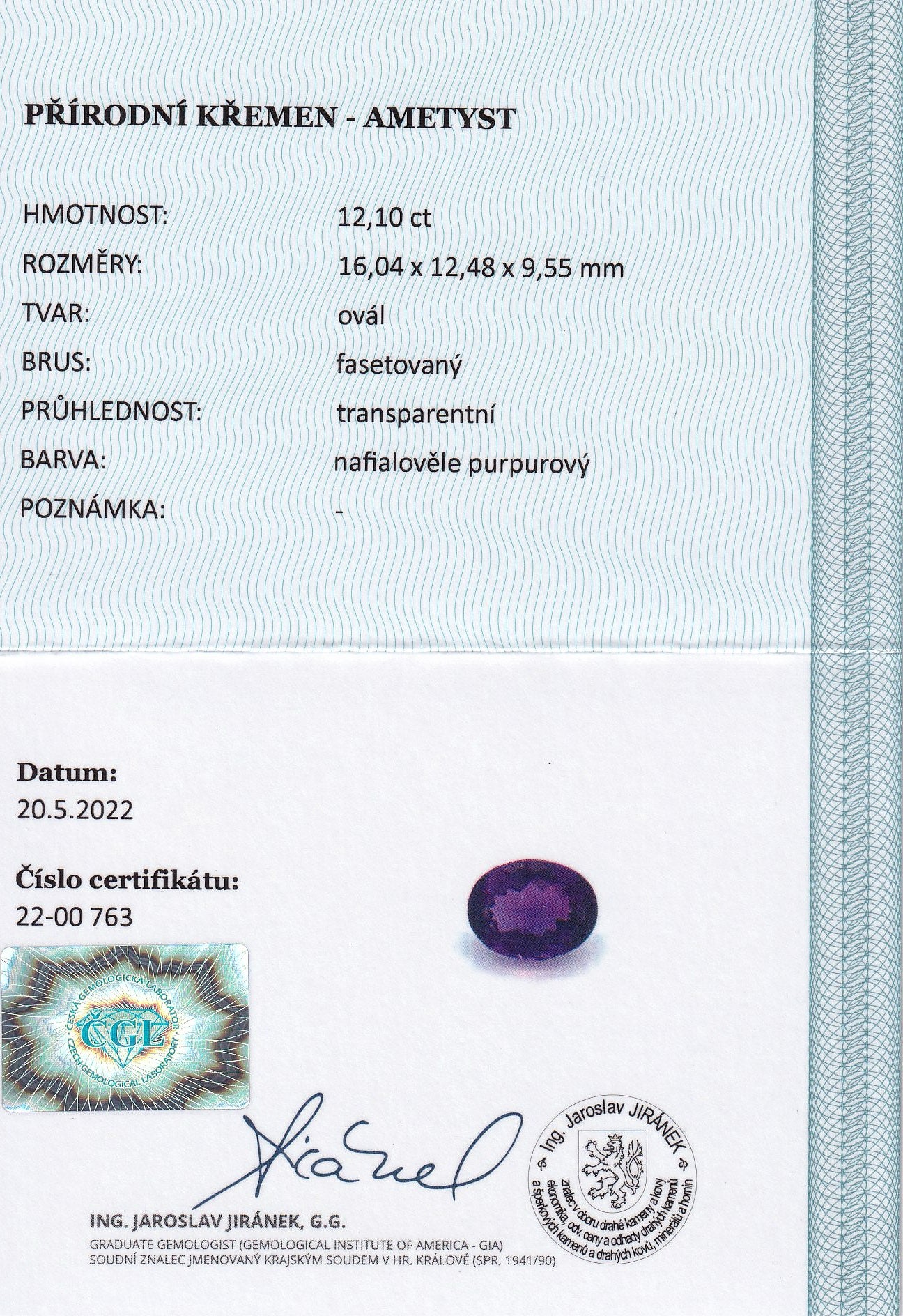Natural Amethyst 12.10 ct – Purple, Oval Cut, Untreated, Bolivia