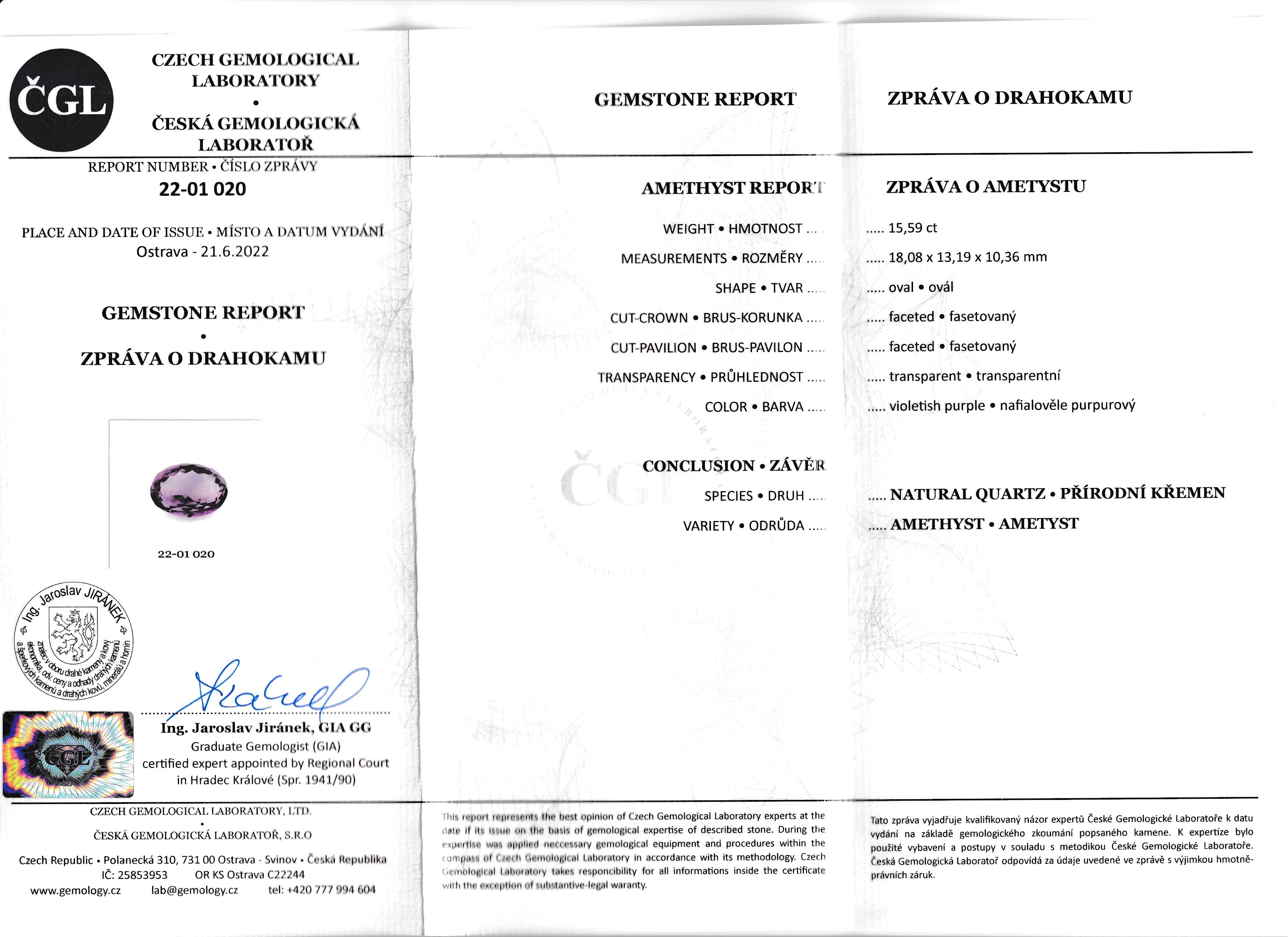 Natural amethyst, 15.59 carats, oval cut, clarity: eye clean, violetish purple color, 18.08 × 13.19 × 10.36 mm, ČGL certified